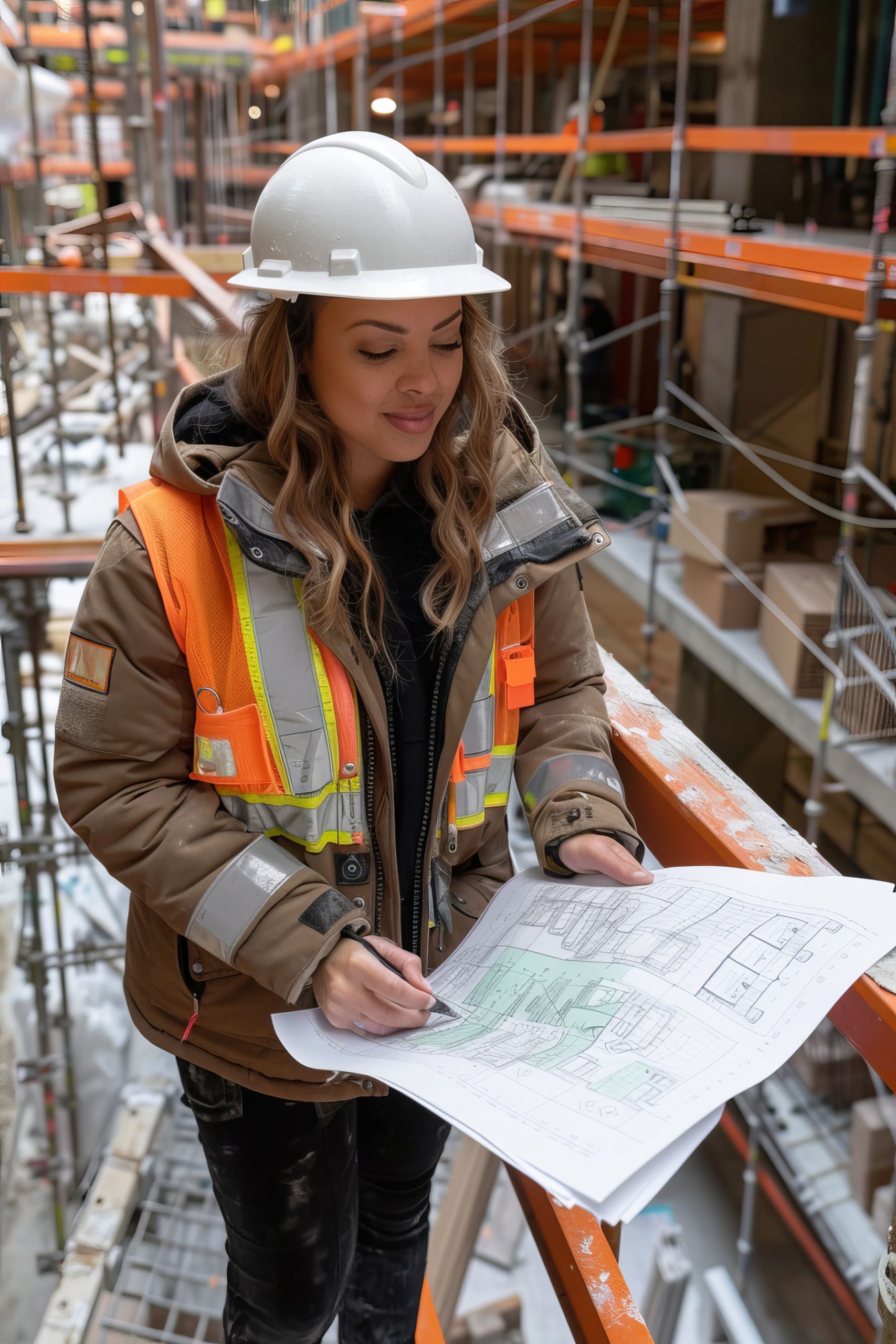 A young plus-size engineer of mixed race, with a white hard hat and safety gear, is perched on a scaffolding high above the ground, reviewing structural plans. She leans slightly forward, focused on her notes, with a vast view of the construction site below her. The image is taken from a low angle, highlighting the vastness of the project and her commanding presence --chaos 100 --ar 2:3 --stylize 1000 Job ID: 603250eb-bc3b-4783-a8dd-9189ed8c9dda